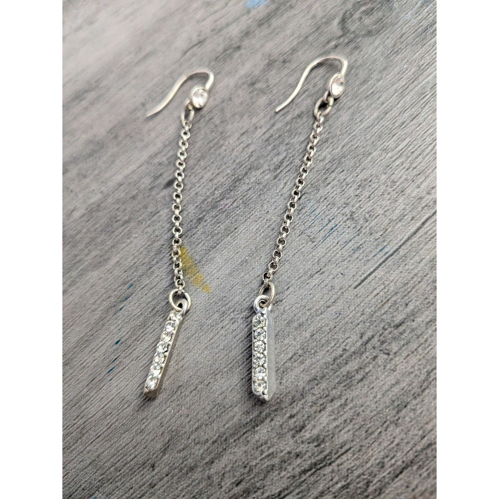 Silver Tone Crystal Bar Drop Earrings French Hook Dangle Minimalist Jewelry